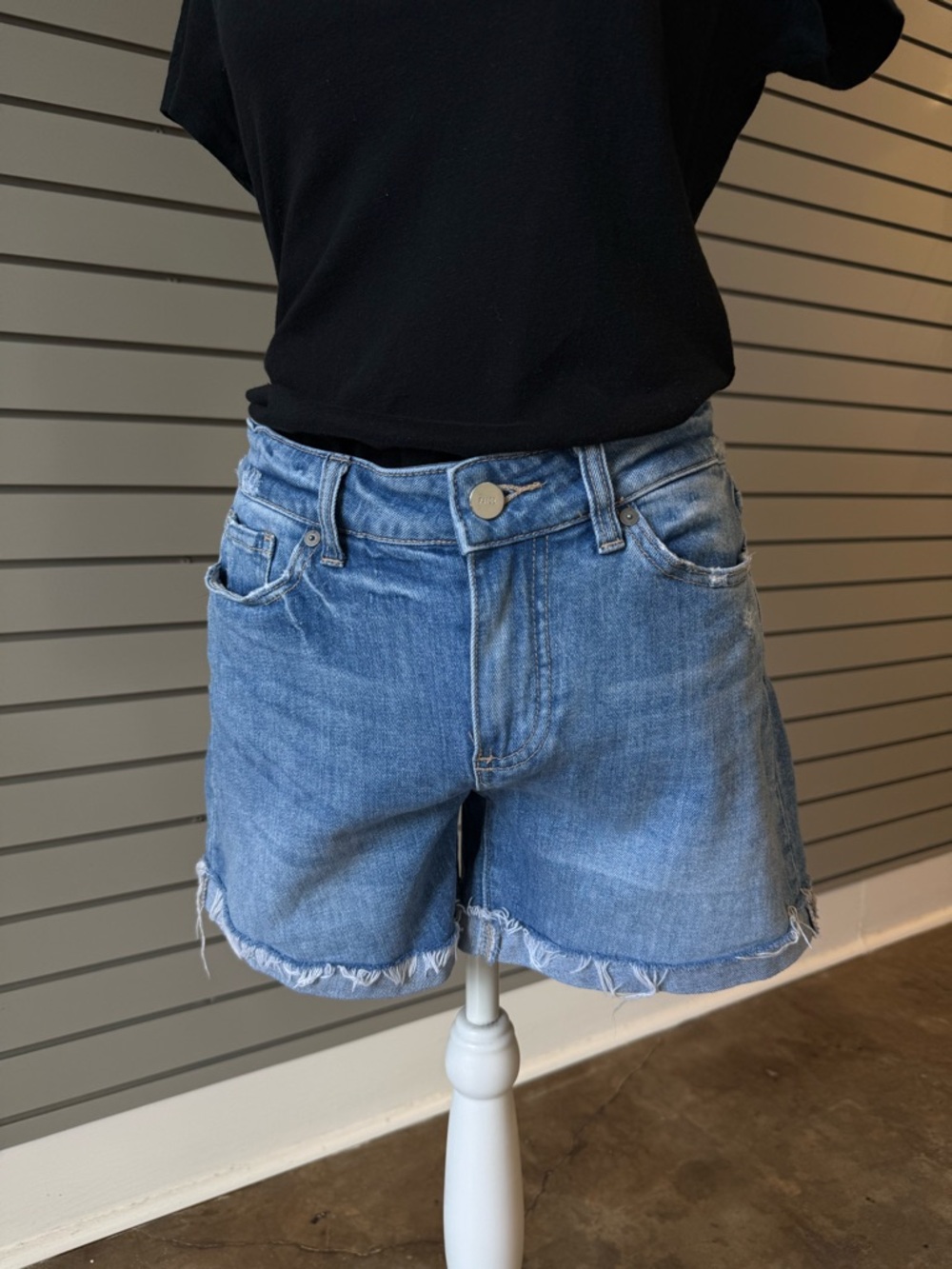 PAIGE Light Blue Frayed Hem Denim Shorts